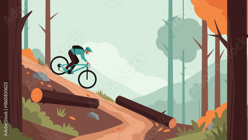 Mountain biking adventure in autumn forest landscape with tall trees