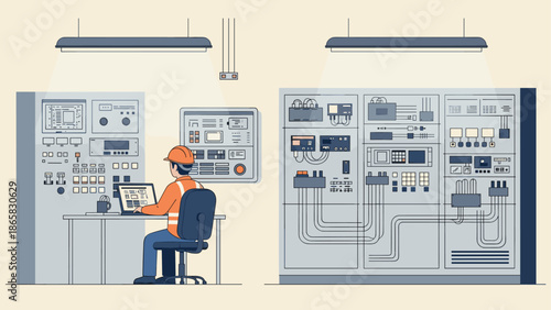 Technician operating control system in modern industrial environment with detailed console interface