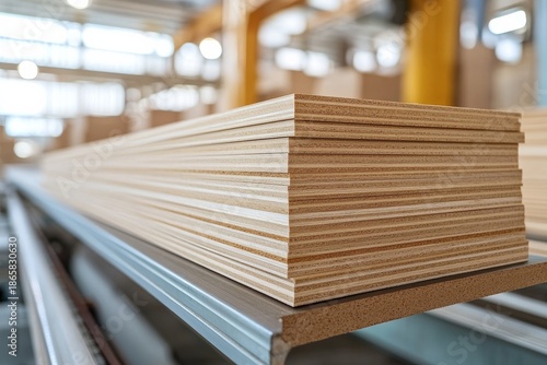 selective focus wood panel production with mdf boards pressed and laminated