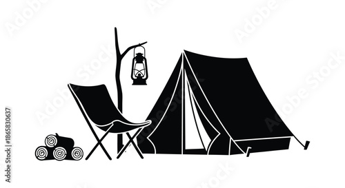 a minimalist depiction of outdoor camping gear including a tent chair lantern and logs silhouette