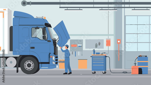 Mechanic examining truck in modern garage workshop