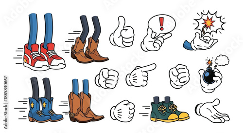 Cartoon feet and hands with various shoes and explosive elements