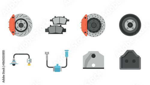 Flat style car brake system components and power adapter icons set