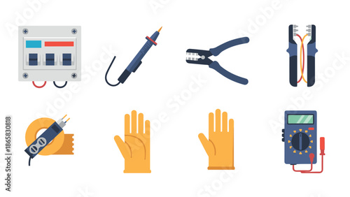 Electrical tools and safety gear set for electricians featuring modern flat design
