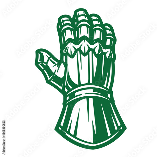 greengloved hand in fist position  right hand with thumb out  green glove