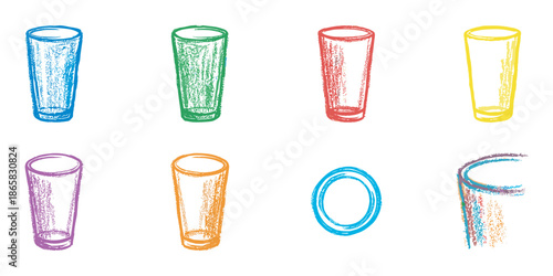 Colorful hand-drawn drinking glasses in a sketchy crayon style, a vibrant collection of artistic doodles showing different perspectives and bright colors in a playful set