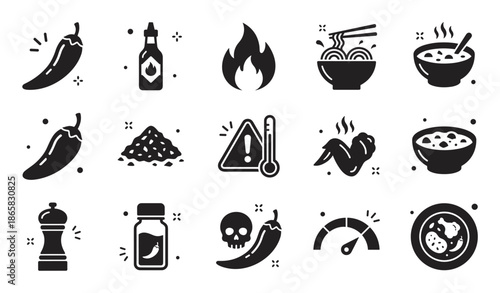 Spicy food and hot chili pepper icon set with various glyphs representing heat, ingredients, and dishes like noodles, soup, and curry in a simple black vector illustration