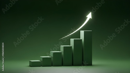 3D Green Bar Chart with Upward Growth Arrow | Financial Performance and Success Achievement Concept on Solid Background