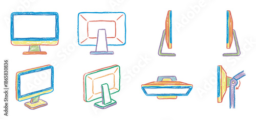 Colorful hand-drawn computer monitor illustration set showing the device from various angles including front, back, side, and isometric views in a playful crayon sketch style