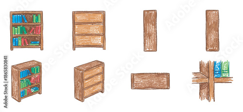 Hand-drawn wooden furniture set with bookcases and dressers shown in various perspectives and construction stages, featuring a rustic, sketchy illustration style with colorful books