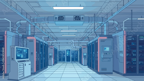 Futuristic data center room with computer servers and advanced technology in blue tones