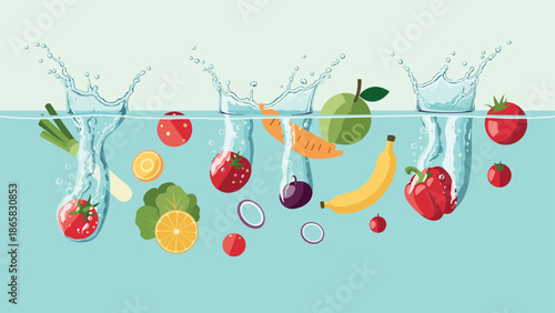 Fresh fruits and vegetables splashing into water in a flat style design
