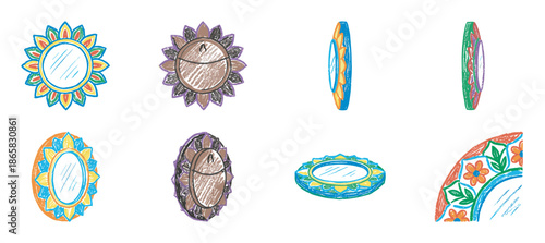 Collection of hand-drawn decorative mirrors with colorful ornate frames in a folk art style, showing various angles and perspectives including front, back, and side views