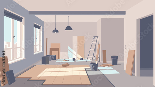 Modern room renovation with tools and ladder in light-filled space