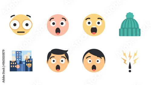 Expressive emoji mood set featuring surprised faces and urban elements