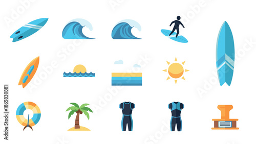 Surfing elements collection: waves, surfboards, and beach icons in flat design