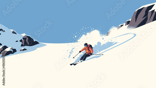 Dynamic winter adventure featuring skier on snowy mountain slope in flat style