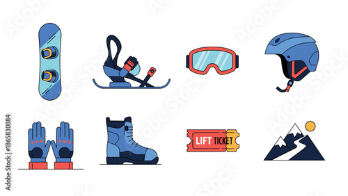 Winter sports essentials: snowboarding gear and accessories in a flat design