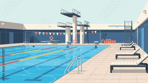 Modern indoor swimming pool with diving boards and lounge chairs