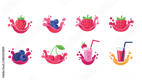 Colorful fruit and juice splash icons for modern design projects