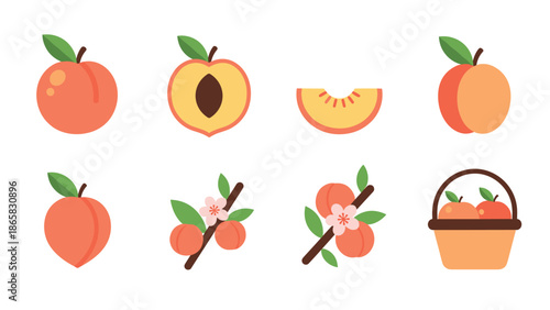 Fresh peach icons collection with flowers and basket in flat style