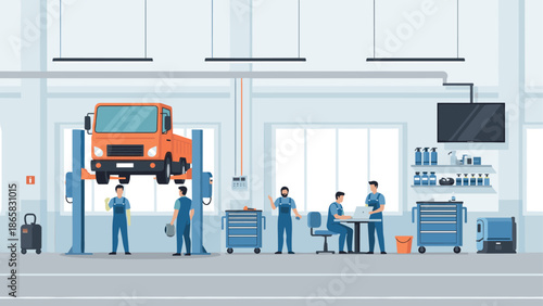 Modern car service garage with mechanics working on vehicle maintenance