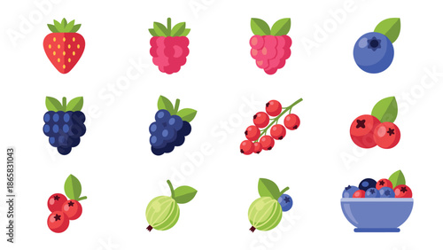 Colorful fruit collection featuring berries in flat design style