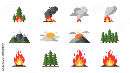 Flat style nature icons: forest fires, sunsets, mountains, and trees