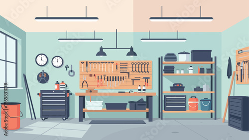Flat design workshop with tools and equipment in organized garage setting