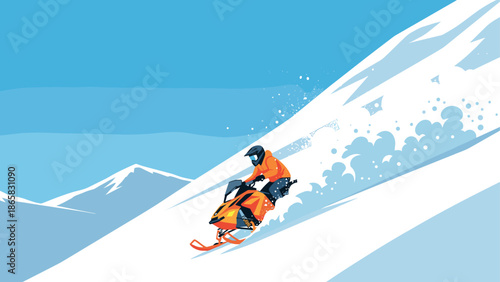 Dynamic winter adventure with snowmobile on pristine snowy mountains