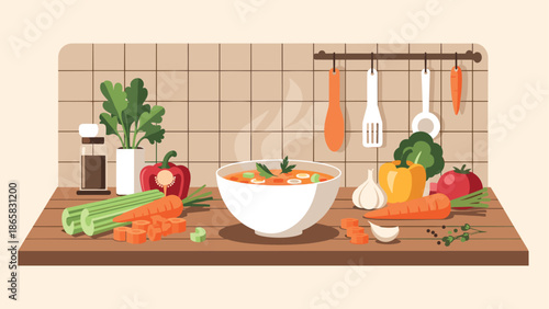 Fresh vegetable cooking scene with soup bowl and kitchen utensils
