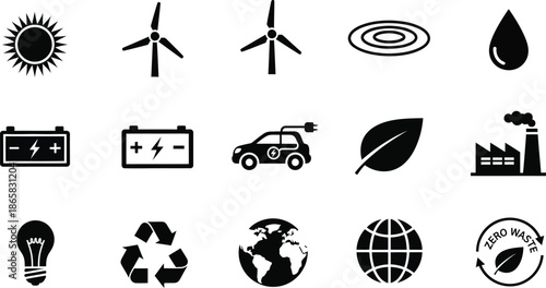 Electricity and energy set icon. Lightning bolt, battery, plug, solar panel, wind turbine, power, renewable energy, electrical safety. Vector stock illustration