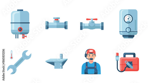 Plumbing and heating equipment icons in flat design with repairman
