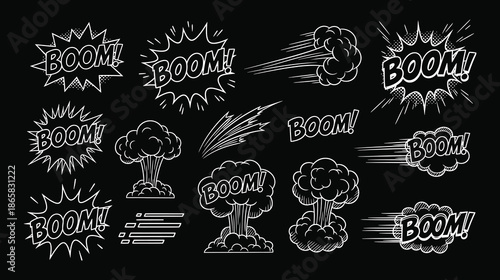Explosion bomb icon set. Cartoon vector collection of colorful boom and bang effects. Comic blast designs. Dynamite detonation, smoke cloud, and fire burst illustration.