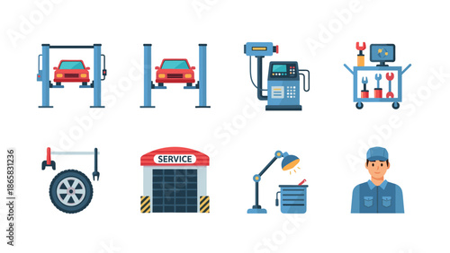 Car repair icons set: garage tools and equipment in flat design