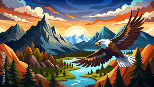 Eagle soaring high above mountain valley