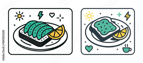 Colorful avocado toast with lemon slices and coffee cup in minimalist illustration