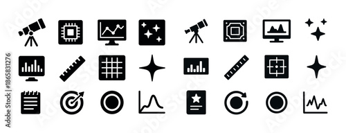 Science and data icons: telescope, graphs, chip, stars, notepad, and ruler symbols
