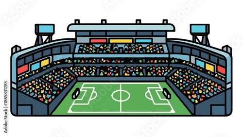 A colorful cartoon depiction of a sports stadium with a green field and packed, multi-colored seats