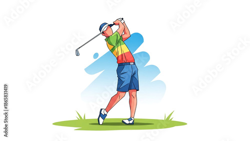 Vector Illustration of a Male Golfer Swinging Club on the Green Grass