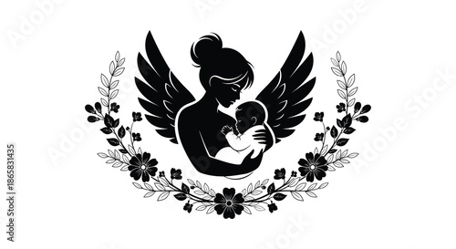 A tender depiction of a winged mother cradling her baby surrounded by floral elements a beautiful silhouette