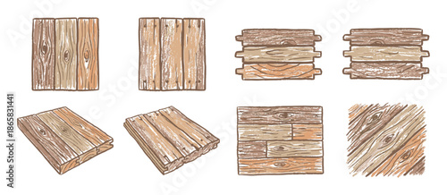 Set of hand-drawn wooden planks, boards, and textures in a rustic sketch style, showing various arrangements like stacks, panels, and detailed grain patterns for design