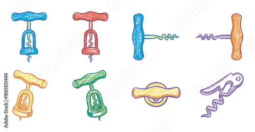 Colorful collection of hand-drawn corkscrew illustrations in a textured, sketch style showing various types of wine openers for uncorking bottles