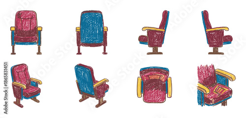 Collection of hand-drawn theater chairs from multiple angles including front, back, side, and top views in a colorful, sketchy, and artistic doodle style illustration set