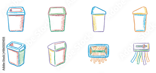 Set of colorful hand-drawn icons featuring various trash cans, recycling bins, and a paper shredder in a playful, textured crayon or stamp print illustration style