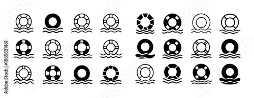 Set of lifebuoy icons with waves in varying designs and styles