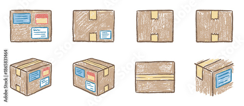 Hand-drawn cardboard shipping boxes illustration set with a crayon texture, showing various parcels and packages from different angles for delivery and logistics concepts