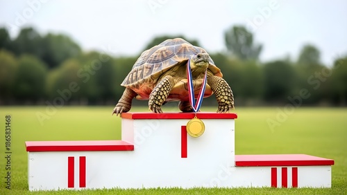 Turtle Standing on First Place Podium with Gold Medal | Concept of Persistence and Slow Steady Achievement, surreal concept image