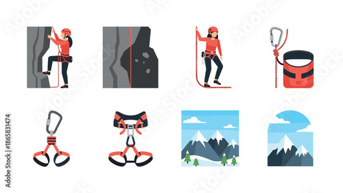 Climbing adventure icons featuring equipment and mountain landscapes