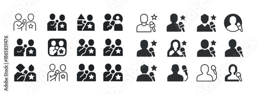 Interviewer and celebrity icon set with microphone and star symbols